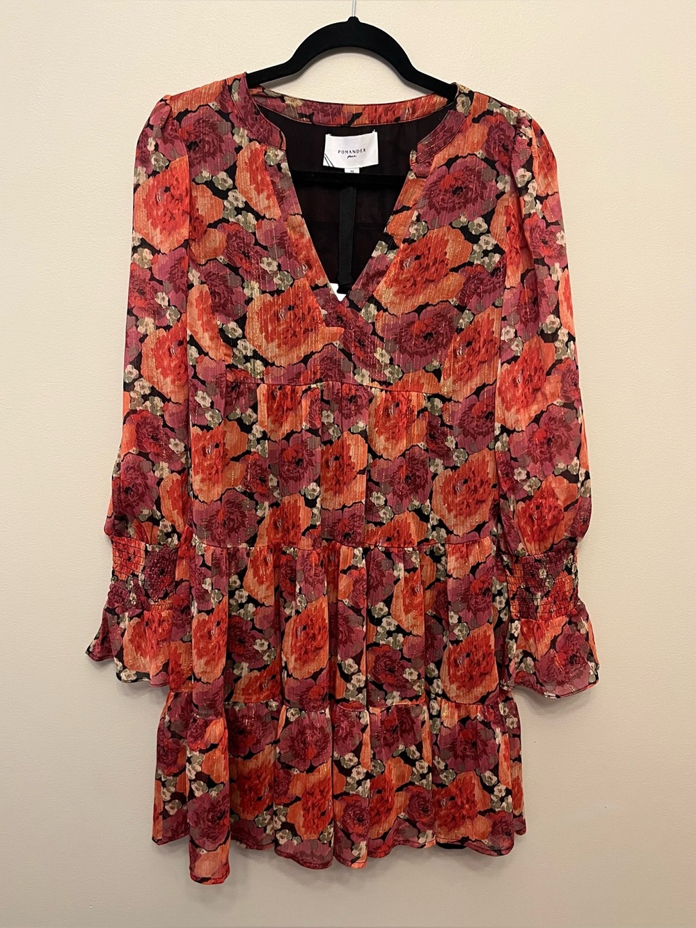 NWT Pomander Place Rose Chiffon Long Sleeve Dress Womens Size Medium Cottagecore